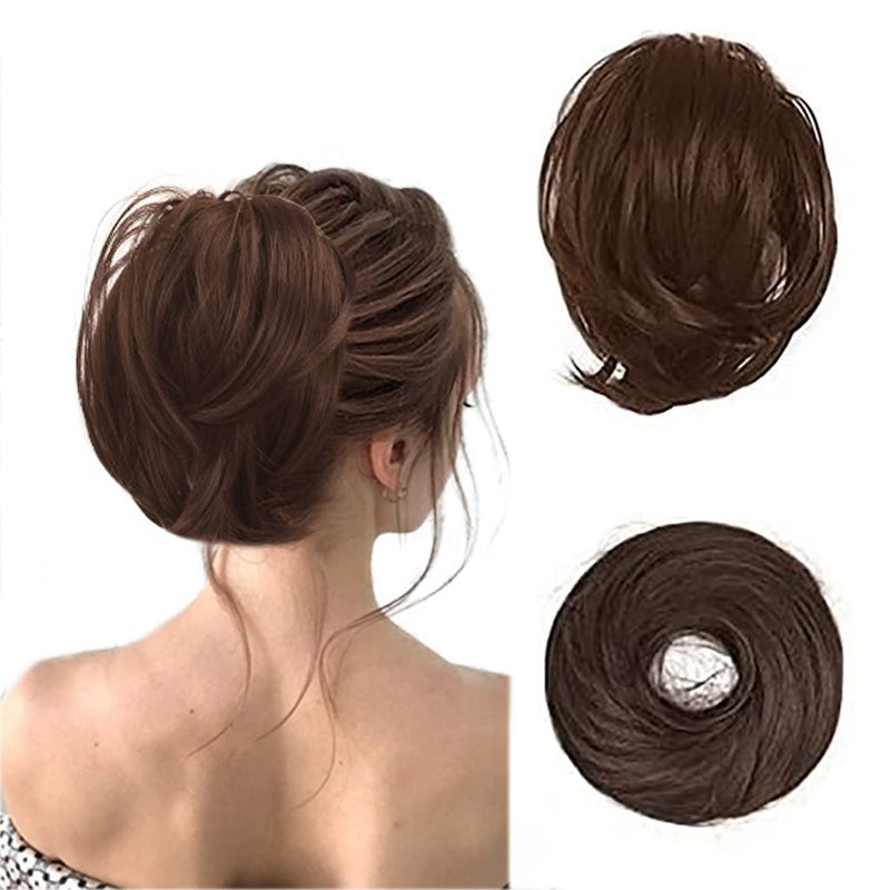 BARSDAR Straight Hair Bun Extensions  Synthetic Fully Short Straight Ponytail Hair Bun Extensions for Women  Elastic Messy Hair Bun Hairpieces Scrunchies Daily  Medium Chestnut Brown