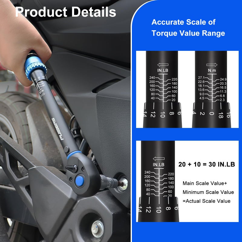 PUIBERS 3/8" Drive Inch Pound Torque Wrench 20-240 in.lb, Â±3% Accuracy, Dual-Direction 72-Tooth Small Torque Wrench Set with Extension Bar 3/8" Adapter for Bike Motorcycle Car Maintenance - Image 4