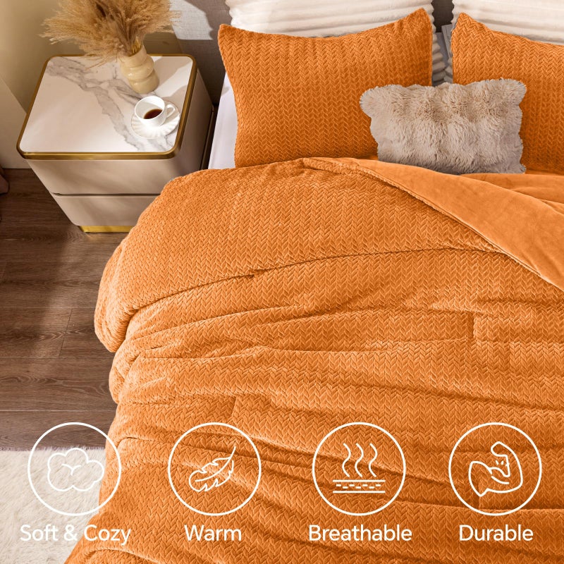 ChiXpace Flannel Fleece Queen Comforter Set - Furry Burnt Orange Leaves Pattern Faux Fur Bed Set, Winter Ultra Soft Fuzzy Comfort Set, Velvet Bedding Set for Bed with 2 Pillow Cases - Image 4