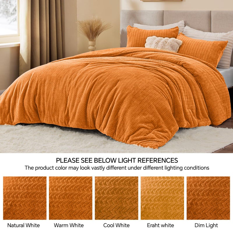 ChiXpace Flannel Fleece Queen Comforter Set - Furry Burnt Orange Leaves Pattern Faux Fur Bed Set, Winter Ultra Soft Fuzzy Comfort Set, Velvet Bedding Set for Bed with 2 Pillow Cases - Image 5
