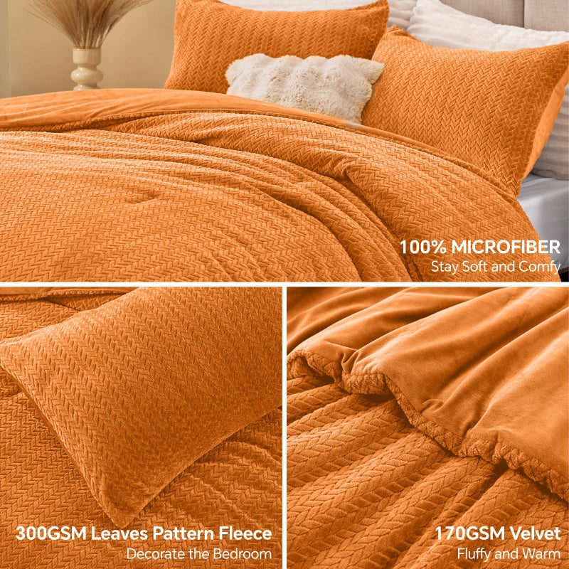 ChiXpace Flannel Fleece Queen Comforter Set - Furry Burnt Orange Leaves Pattern Faux Fur Bed Set, Winter Ultra Soft Fuzzy Comfort Set, Velvet Bedding Set for Bed with 2 Pillow Cases - Image 2