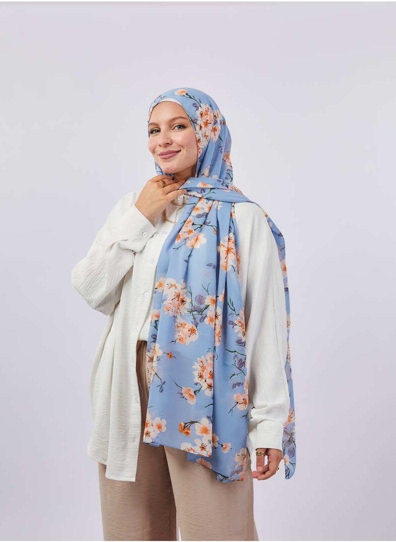 Tie Shop - Tie Shop - Printed Crepe Chiffon Scarf - Baby Blue - Orange For Women - Image 1