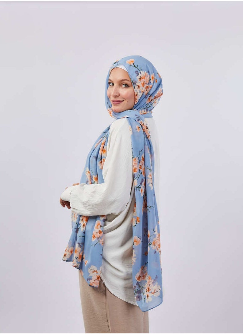 Tie Shop - Tie Shop - Printed Crepe Chiffon Scarf - Baby Blue - Orange For Women - Image 1