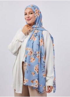 Tie Shop - Printed Crepe Chiffon Scarf - Baby Blue - Orange For Women