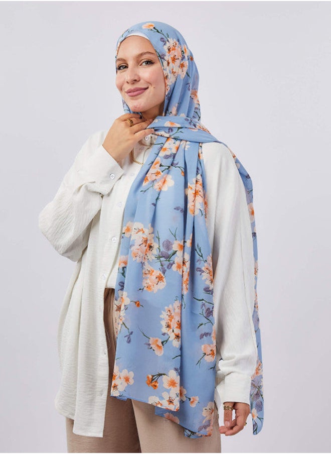 Tie Shop - Tie Shop - Printed Crepe Chiffon Scarf - Baby Blue - Orange For Women - Image 1