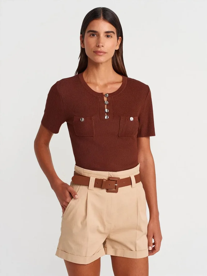 Dilvin DILVIN Ribbed Knit Button-Detail Blouse