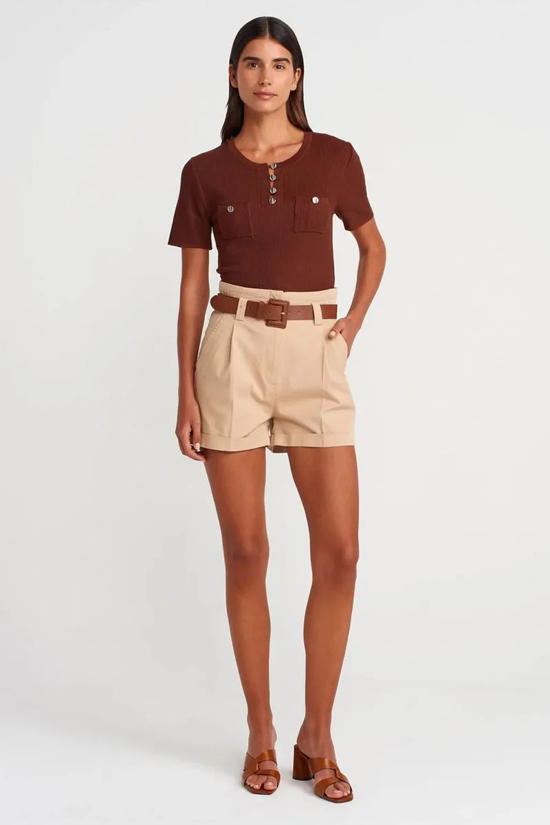 Dilvin Chestnut Brown DILVIN Ribbed Knit Button-Detail Blouse for Women | Best Price UAE
