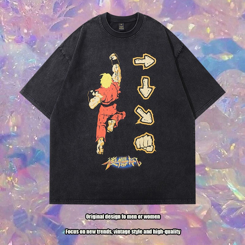American Retro Hiphop Washed Old Short-Sleeved T-Shirt Men'S And Women'S Cartoon Printed Oversize Half-Sleeved Tee - Image 2