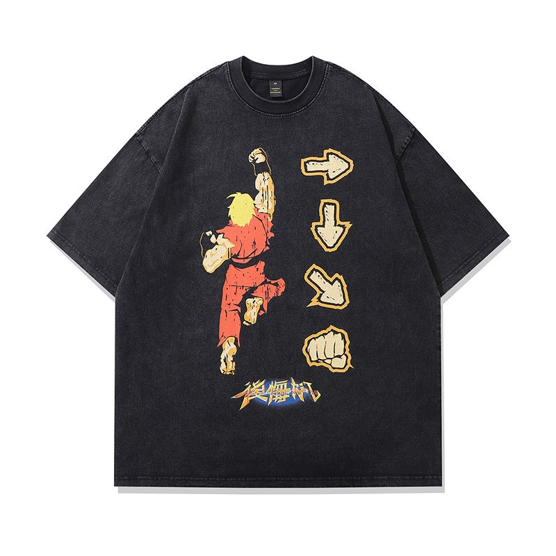 American Retro Hiphop Washed Old Short-Sleeved T-Shirt Men'S And Women'S Cartoon Printed Oversize Half-Sleeved Tee - Image 1