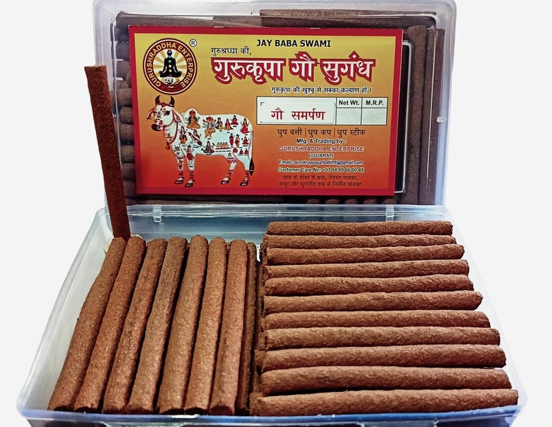GURUSHRADDHA ENTERPRISE Cow Dung Dhoop Sticks Gau Samarpan Sai Flora Fragrance EcoFriendly Bamboo Less Natural Incense Dhoop Sticks with Stand (60 Pieces, 1 Set) - Image 1
