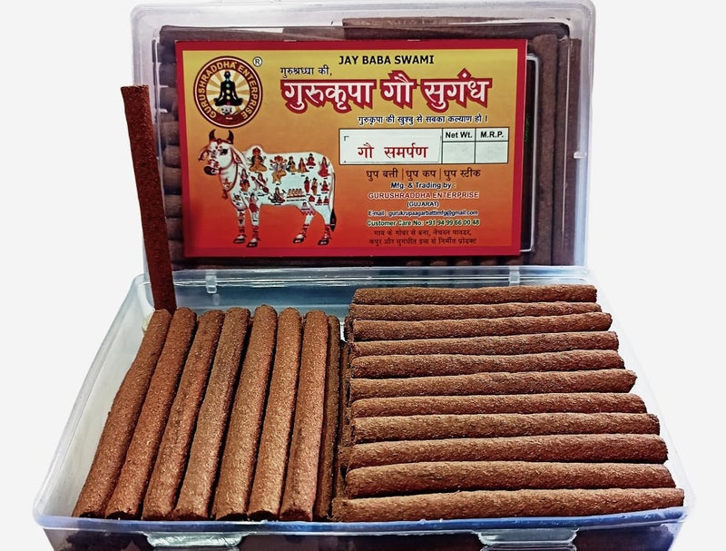 GURUSHRADDHA ENTERPRISE Cow Dung Dhoop Sticks Gau Samarpan Sai Flora Fragrance EcoFriendly Bamboo Less Natural Incense Dhoop Sticks with Stand (60 Pieces, 1 Set) - Image 3