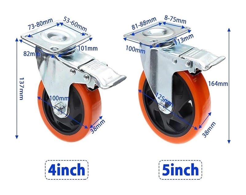 4 بوصة عجلات دوارة برتقالية ثقيلة مع فرملة للأثاث خزانة العربة - Image 5