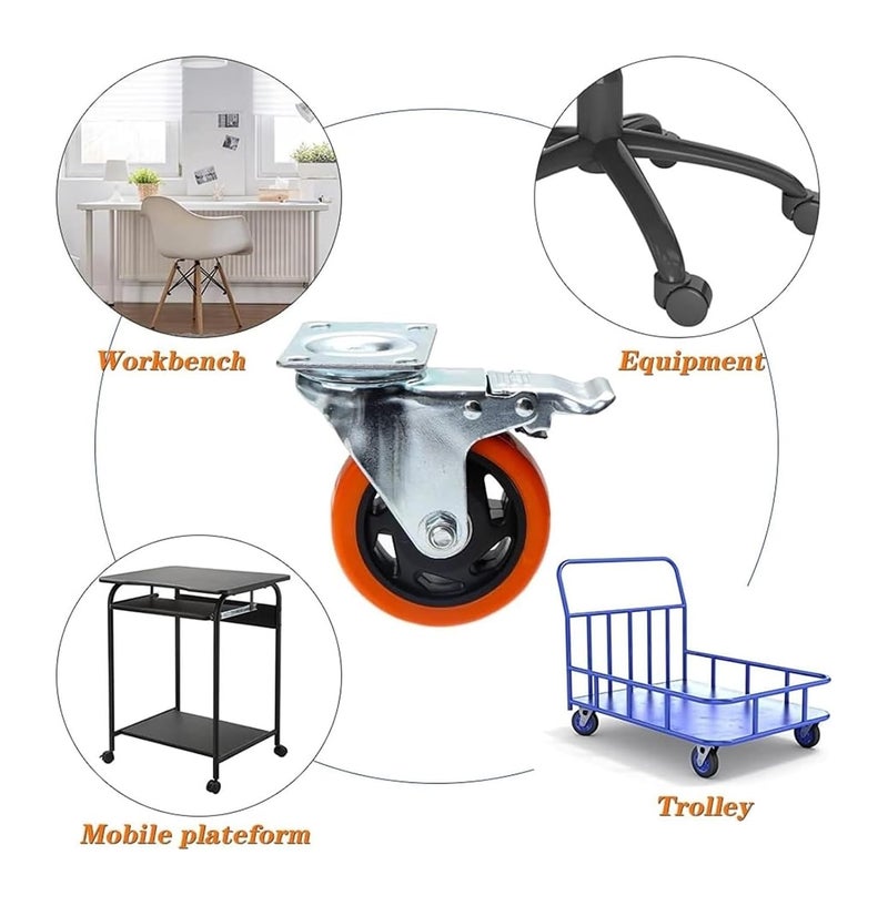 4 بوصة عجلات دوارة برتقالية ثقيلة مع فرملة للأثاث خزانة العربة - Image 4