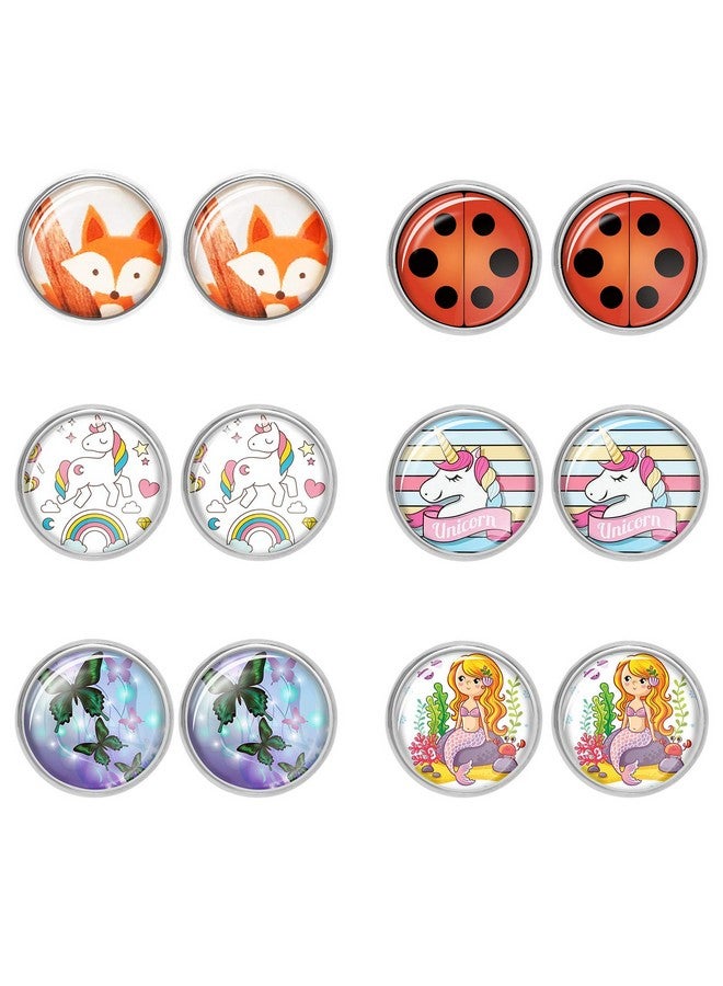 Hifot HIFOT 6 Pairs Clip On Earrings for Girls, Cute Ladybug Fox Butterfly Mermaid Round Glass Kids Earrings Dress Up Jewelry - Image 2