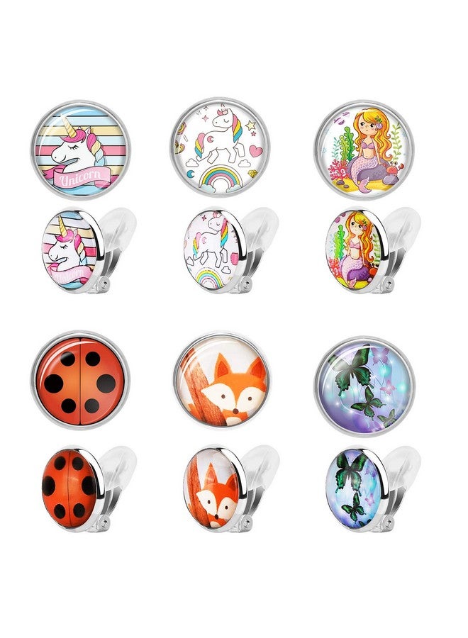 Hifot HIFOT 6 Pairs Clip On Earrings for Girls, Cute Ladybug Fox Butterfly Mermaid Round Glass Kids Earrings Dress Up Jewelry - Image 1