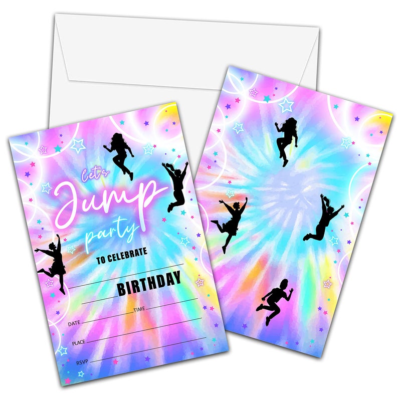 Foosproea Jump Trampoline Birthday Invitations with Envelopes Bounce House Party Invitation Card for GirlsBoys Lets Jump Fillin Invites Cards Neon Rainbow Glow Party Celebration 20 Pack14