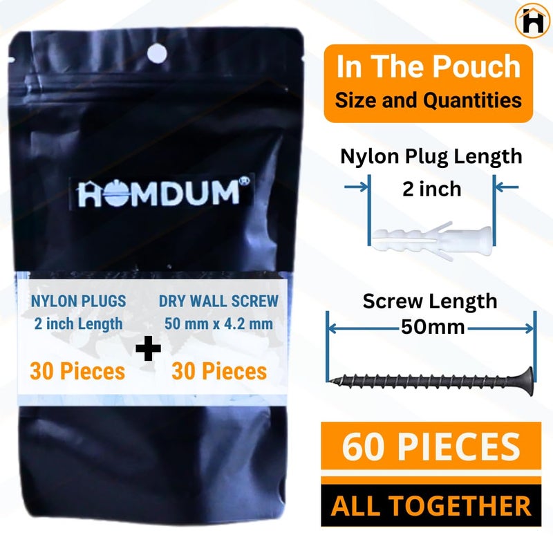 Homdum Nylon Plug with Screws 2 inch 50 mm screw with plastic sleeve Pack of 60 2 - Image 2
