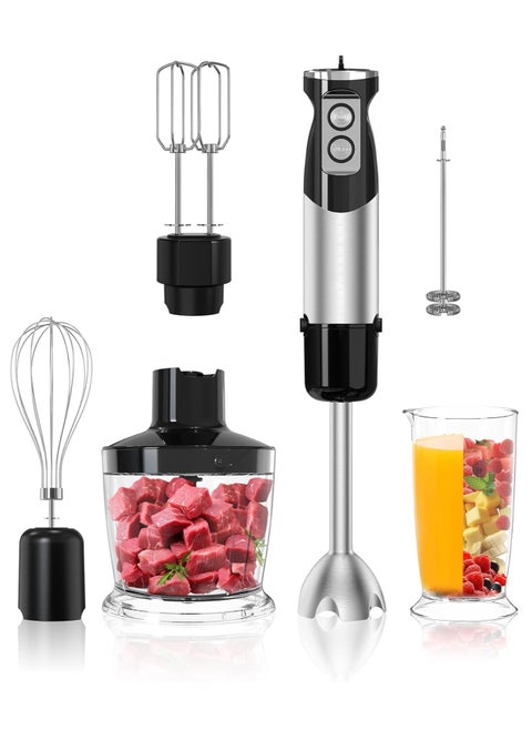 6-in-1 Hand  Blender, 600W 12 Speed Handheld Blender with 600ml Beaker, 500ml Chopper, Egg Whisk, Milk Frother, Stainless Steel Blades for Soup, Smoothie, Puree