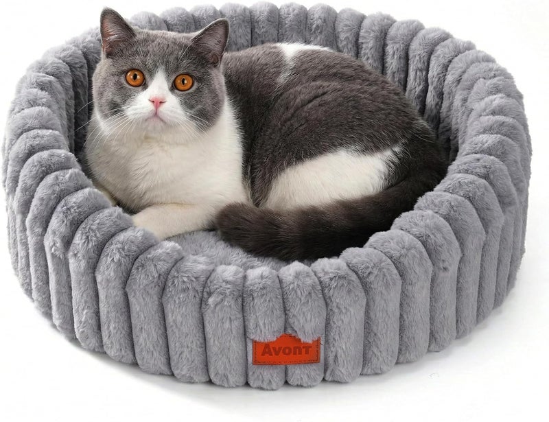 Avont Fluffy Cat Bed, Round Pet Beds for Indoor Cats with Washable Cushion & Non-Slip Bottom, Cozy Sleeping Nest for Kittens & Small Dogs -Grey(M) - Image 1