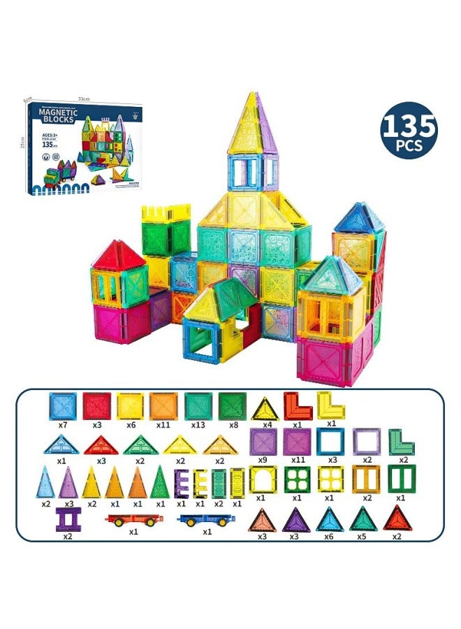 Children's Color Window Magnetic Film Assembled Magnet Boys And Girls Intelligence And Brain Multifunctional Building Blocks Assembled Toys-Color:Colored Window Magnetic Sheet City Shape-135pcs  - Image 1