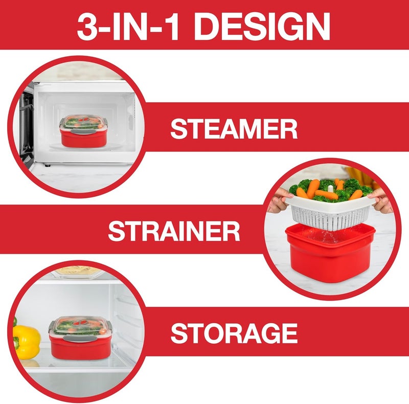 Good Cooking 2 Pack of Microwave Cookware Steamers - 3 Piece Microwave Cooker w Food Container, Removable Strainer and Locking Steam Vent Lid- BPA Free, Fridge and Freezer Safe | 1.3 Liters, 6x6x4 Inches - Image 5