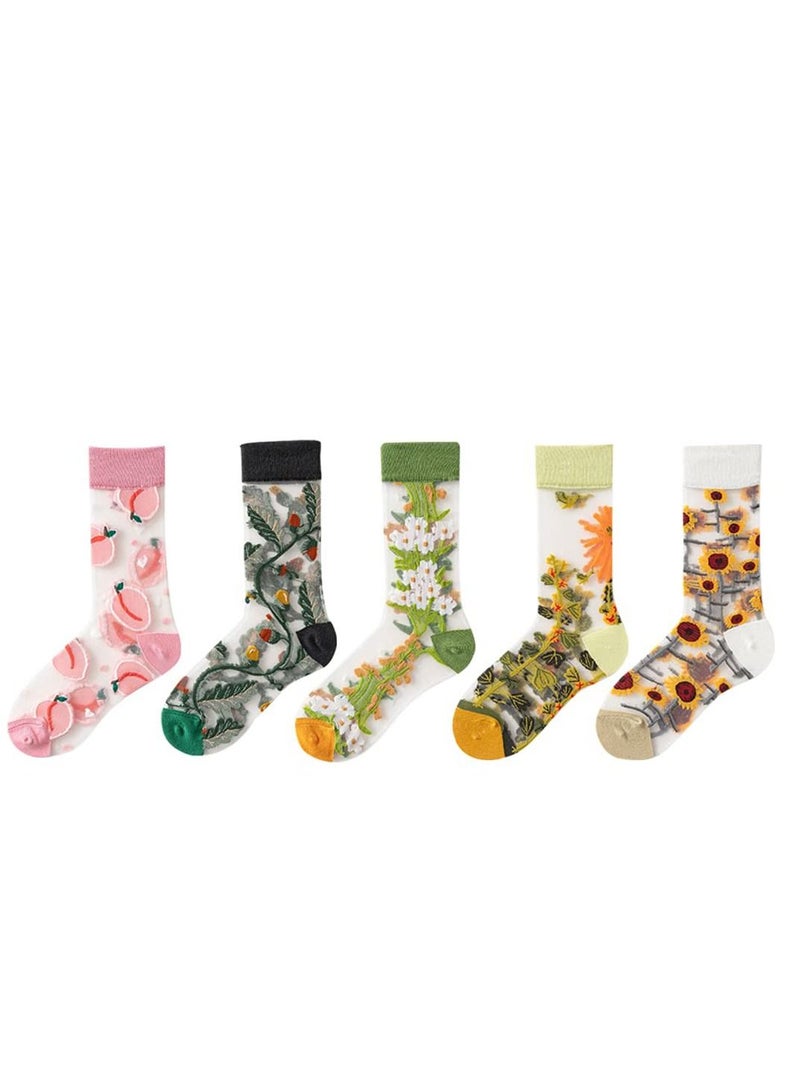 Sheer Socks for Women, Elastic Vintage Flower Ankle High Socks Thin Glass Silk Socks Summer Transparent Ankle Socks for Women and Girl 5Pair  - Image 1