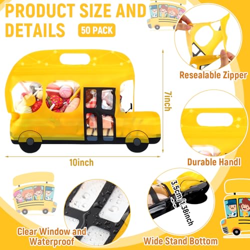 Watersay 50 Pcs School Bus Goodie Bags with Handle Resealable Waterproof Plastic Candy Treat Bags Stand-up Teacher Appreciation Gift Pouches for Back to School Birthday Party Supplies - Image 2