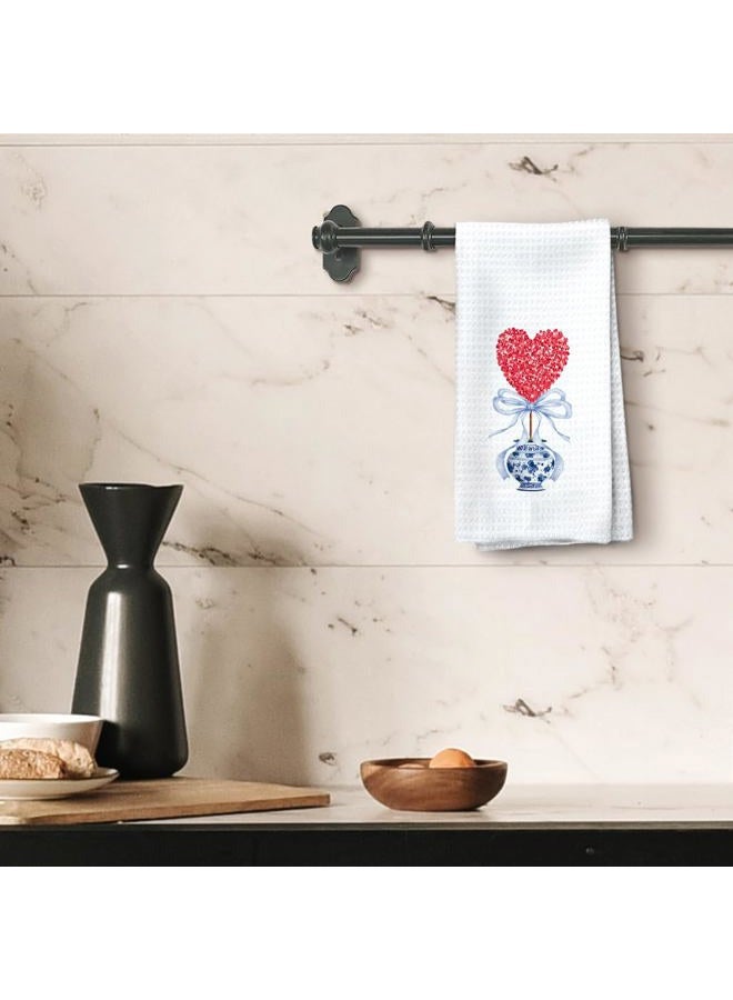 Tzhim Chinoiserie Red Heart Topiary Valentine's Day Kitchen Towels, Valentines Hand Towels, Blue and White Chinoiserie Dish Towels Dishcloths Tea Towels for Kitchen, Valentine's Day Decor, 16x24 Inch - Image 4