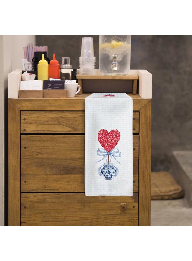 Tzhim Chinoiserie Red Heart Topiary Valentine's Day Kitchen Towels, Valentines Hand Towels, Blue and White Chinoiserie Dish Towels Dishcloths Tea Towels for Kitchen, Valentine's Day Decor, 16x24 Inch - Image 5