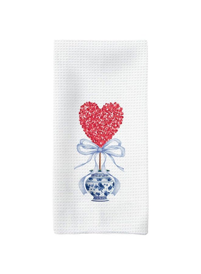 Tzhim Chinoiserie Red Heart Topiary Valentine's Day Kitchen Towels, Valentines Hand Towels, Blue and White Chinoiserie Dish Towels Dishcloths Tea Towels for Kitchen, Valentine's Day Decor, 16x24 Inch - Image 1