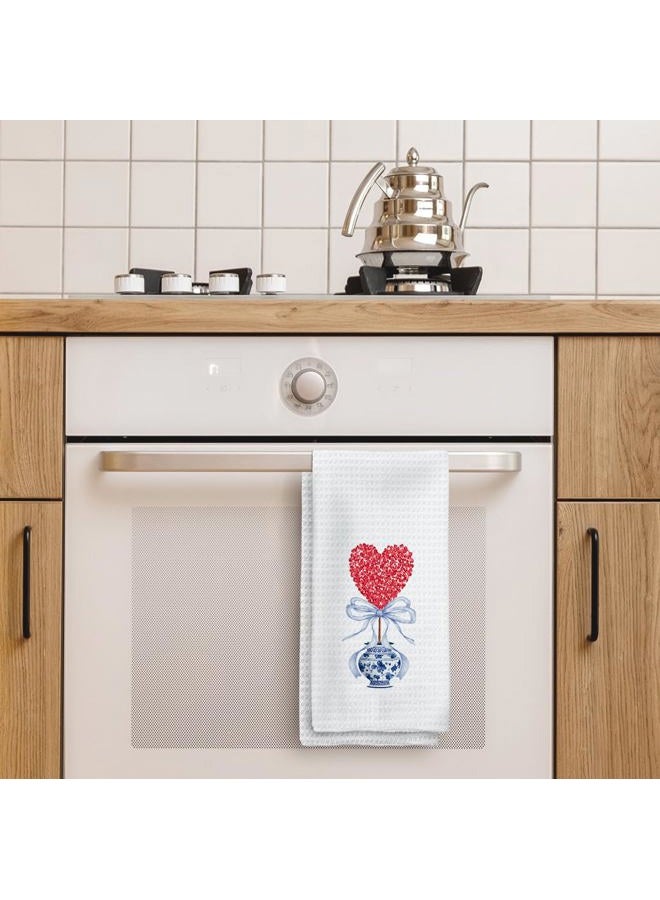 Tzhim Chinoiserie Red Heart Topiary Valentine's Day Kitchen Towels, Valentines Hand Towels, Blue and White Chinoiserie Dish Towels Dishcloths Tea Towels for Kitchen, Valentine's Day Decor, 16x24 Inch - Image 3
