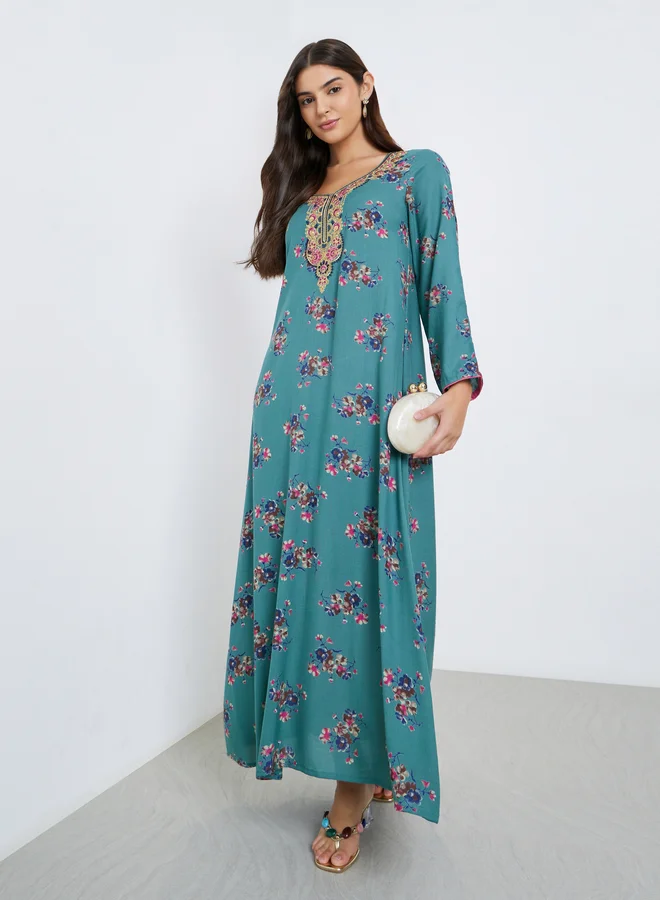 Maxim Creation Maxim Creation Multi Thread Embroidery Jalabiya with Floral Print