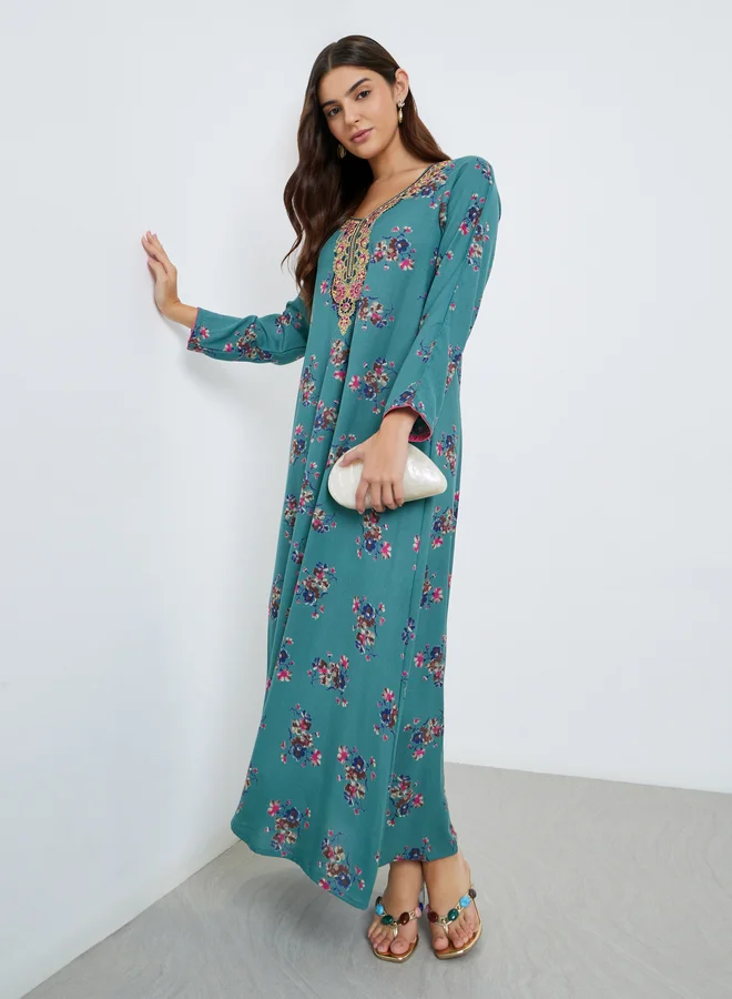 Maxim Creation Maxim Creation Multi Thread Embroidery Jalabiya with Floral Print