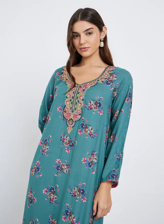 مكسيم كريشن Maxim Creation Multi Thread Embroidery Jalabiya with Floral Print