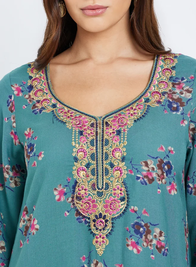 مكسيم كريشن Maxim Creation Multi Thread Embroidery Jalabiya with Floral Print
