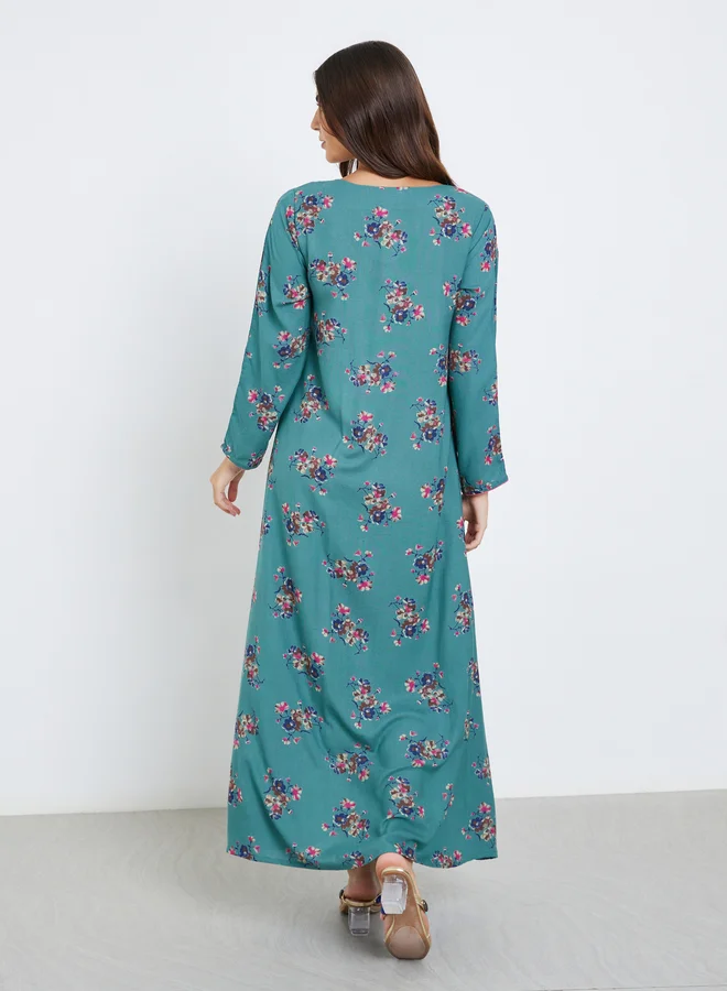مكسيم كريشن Maxim Creation Multi Thread Embroidery Jalabiya with Floral Print