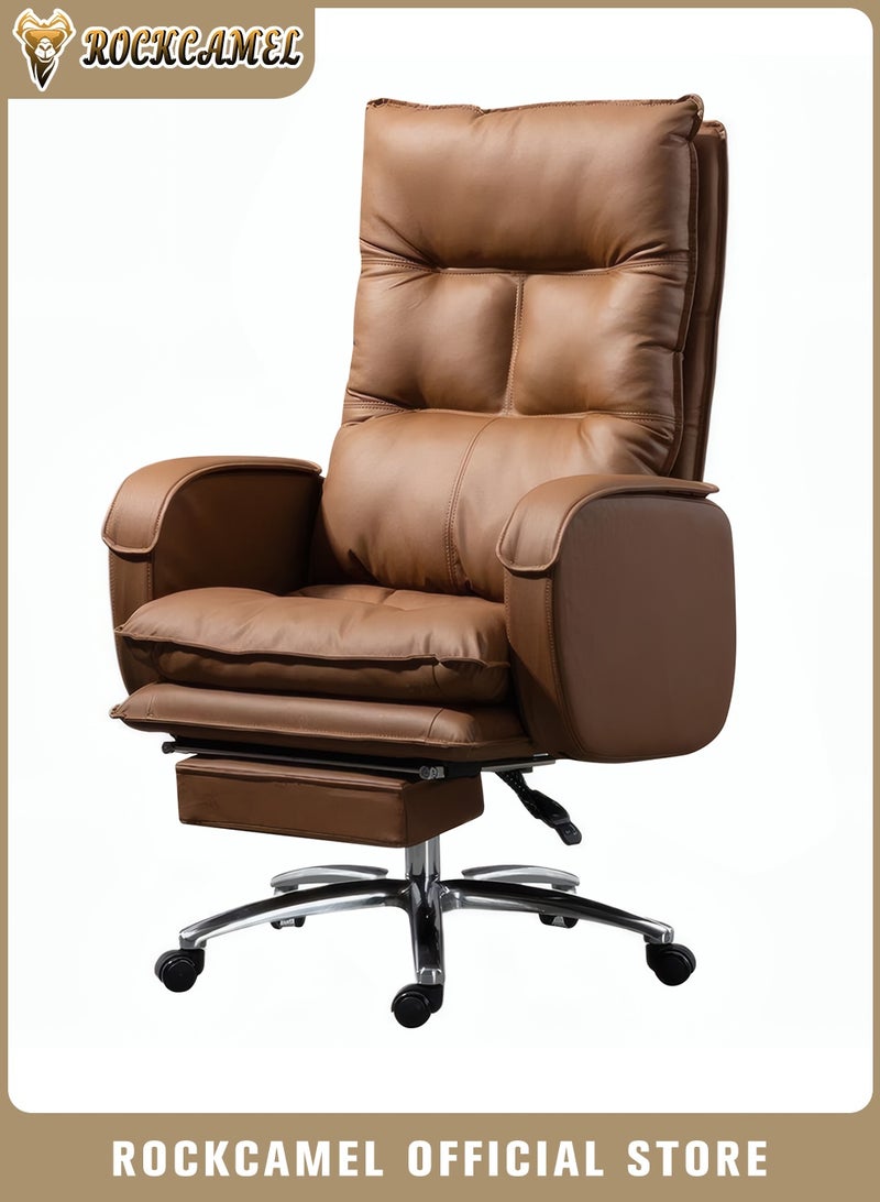 ROCKCAMEL Executive Office Chair / Boss Chair with Footrest, Ergonomic High Back PU Reclining Chair with Thickened Latex Cushion, 135° Reclining Computer Desk Chair for Home or Office, Brown - Image 1