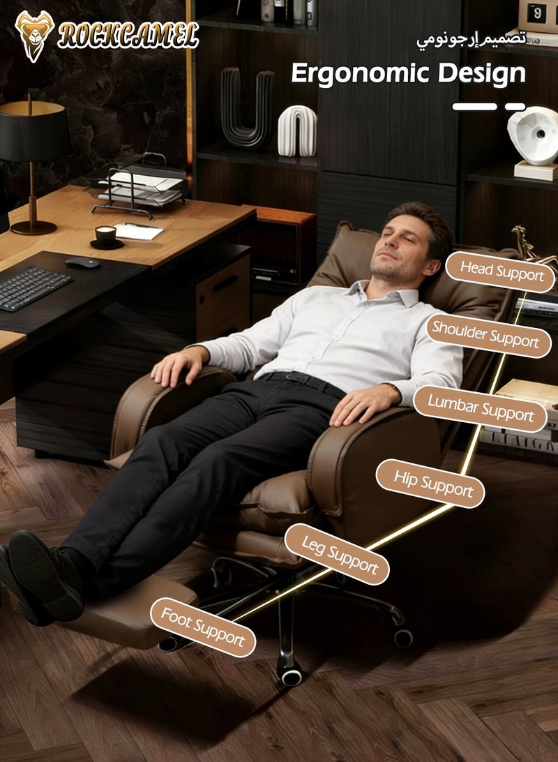 ROCKCAMEL Executive Office Chair / Boss Chair with Footrest, Ergonomic High Back PU Reclining Chair with Thickened Latex Cushion, 135° Reclining Computer Desk Chair for Home or Office, Brown - Image 2