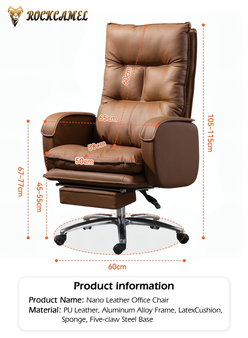 ROCKCAMEL Executive Office Chair / Boss Chair with Footrest, Ergonomic High Back PU Reclining Chair with Thickened Latex Cushion, 135° Reclining Computer Desk Chair for Home or Office, Brown - Image 3