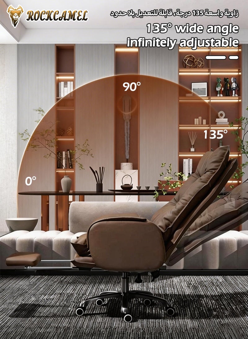ROCKCAMEL Executive Office Chair / Boss Chair with Footrest, Ergonomic High Back PU Reclining Chair with Thickened Latex Cushion, 135° Reclining Computer Desk Chair for Home or Office, Brown - Image 4