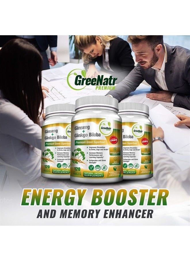 GreeNatr - Panax Ginseng + Ginkgo Biloba Tablets - Premium Non-GMO/Veggie Superfood - Traditional Energy Booster and Brain Sharpener (120 Tablets) - Image 1