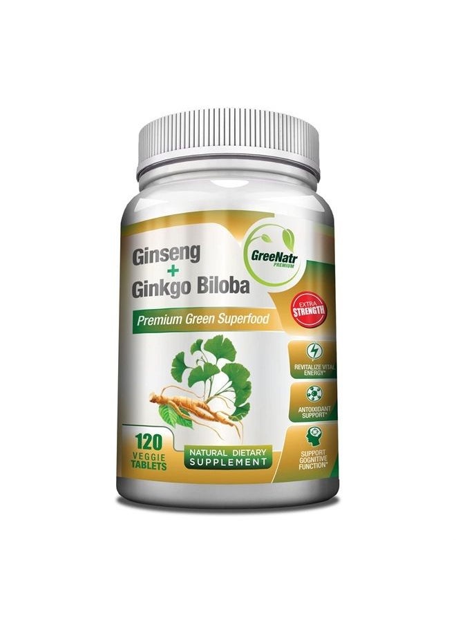 GreeNatr - Panax Ginseng + Ginkgo Biloba Tablets - Premium Non-GMO/Veggie Superfood - Traditional Energy Booster and Brain Sharpener (120 Tablets) - Image 1