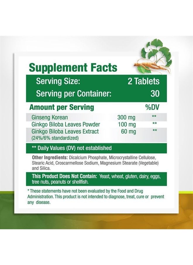 GreeNatr - Panax Ginseng + Ginkgo Biloba Tablets - Premium Non-GMO/Veggie Superfood - Traditional Energy Booster and Brain Sharpener (120 Tablets) - Image 1