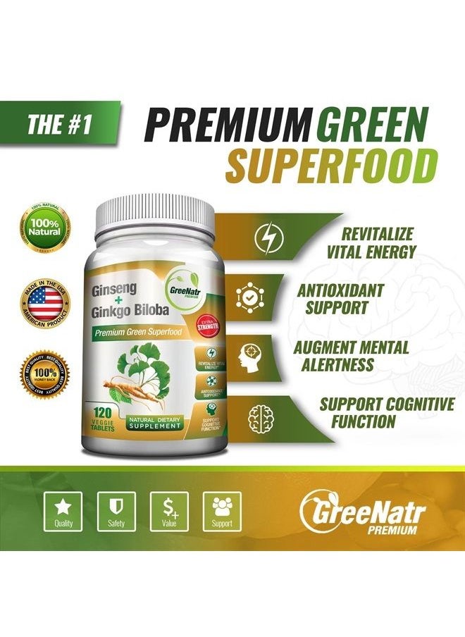 GreeNatr - Panax Ginseng + Ginkgo Biloba Tablets - Premium Non-GMO/Veggie Superfood - Traditional Energy Booster and Brain Sharpener (120 Tablets) - Image 1