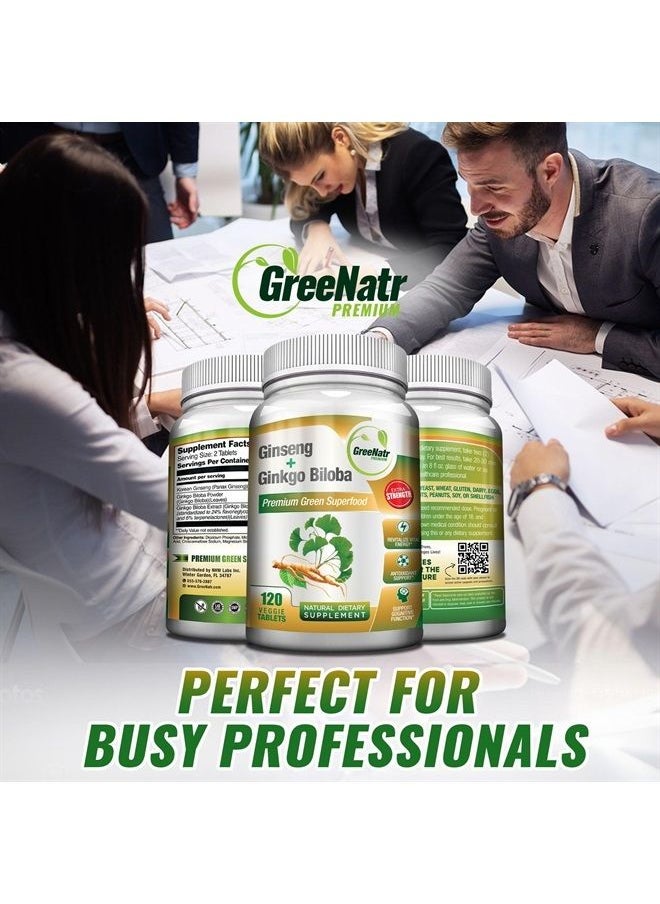GreeNatr - Panax Ginseng + Ginkgo Biloba Tablets - Premium Non-GMO/Veggie Superfood - Traditional Energy Booster and Brain Sharpener (120 Tablets) - Image 1