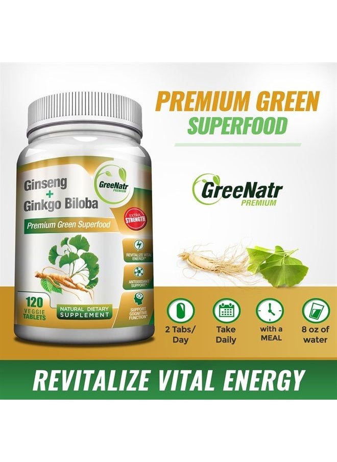 GreeNatr - Panax Ginseng + Ginkgo Biloba Tablets - Premium Non-GMO/Veggie Superfood - Traditional Energy Booster and Brain Sharpener (120 Tablets) - Image 1