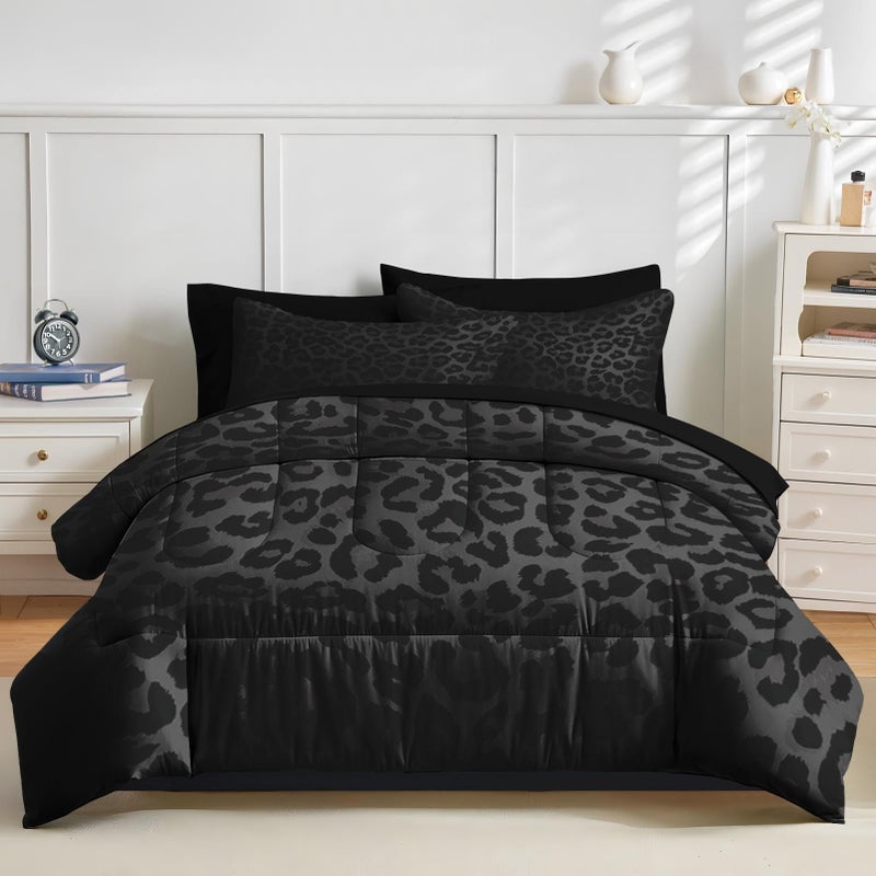 Nesker 5 Pcs Comforter Set Twin Size, Leopard Print Wild Animal Bedding Set for Kids and Adults, Black Grey African Cheetah Wildlife Bed Sheet Sets with Fitted Sheet Pillowcases & Shams - Image 2