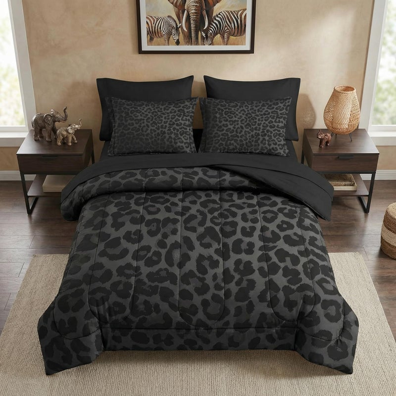 Nesker 5 Pcs Comforter Set Twin Size, Leopard Print Wild Animal Bedding Set for Kids and Adults, Black Grey African Cheetah Wildlife Bed Sheet Sets with Fitted Sheet Pillowcases & Shams - Image 1