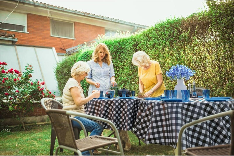 Exquisite Picnic Table Cover - 6 Pack Round Premium Plastic Tablecloth - Black & White Checkered BBQ Table Cover - Gingham Checkerboard Disposable Plastic Tablecloth 84 inch - Image 5