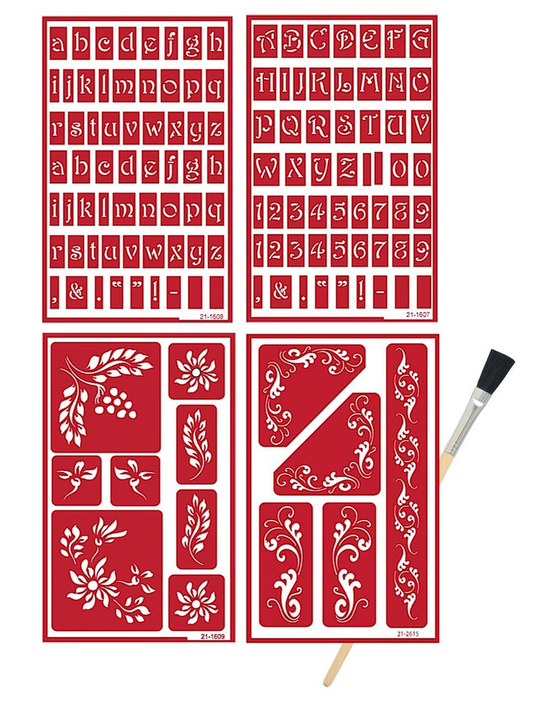 4 Reusable Glass Etching Stencils Upper Case Alphabet Lowercase Alphabets Floral Fleur De Lis Berries Theme Etch Stencil Set Includes Brush Total 5 Items
